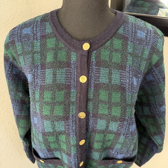 VINTAGE 80s Talbots Tartan Plaid Blue Green Cardigan Sweater Medium - Picture 6 of 12